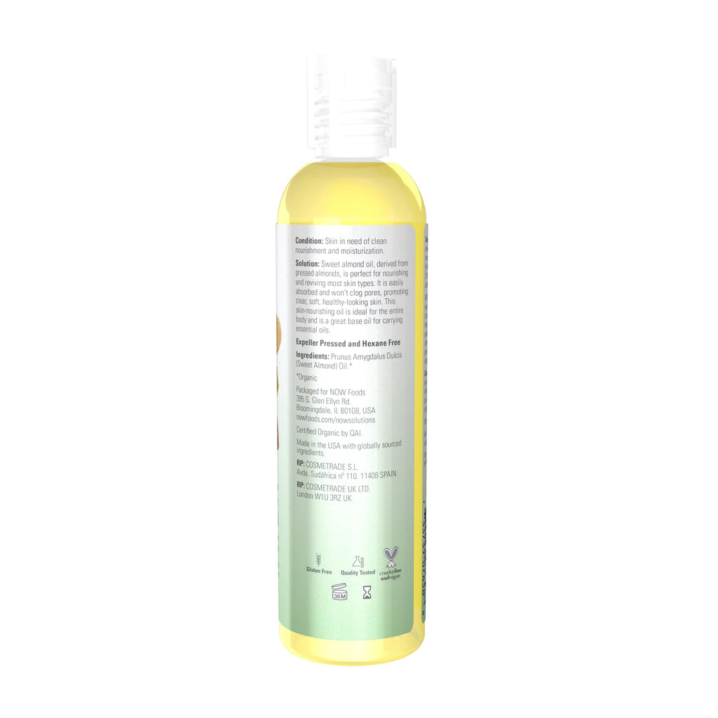 NOW Foods Solutions, Organic Sweet Almond Oil, 100% Pure Moisturizing Oil, Promotes Healthy-Looking Skin, Unscented Oil, 8-Ounce