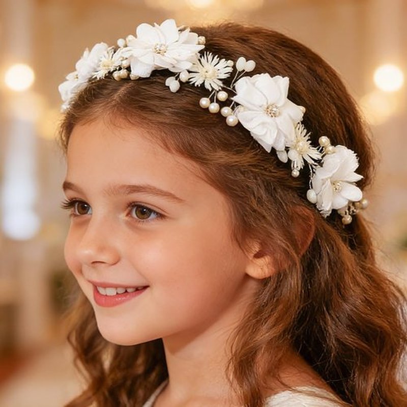 Campsis Flower Girl Headpiece, Pearl Floral Headband, White Communion Hair Accessory for Bridal