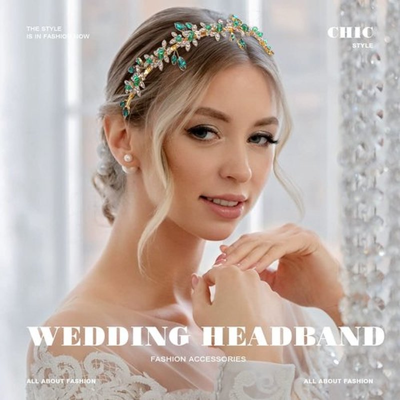 JEAIRTS Emerald Green Rhinestone Headband Gold Wedding Headpiece Hair Accessories for Women