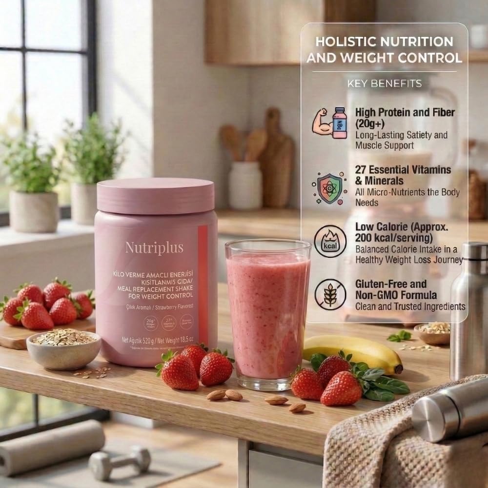 FARMASi Nutriplus Meal Replacement Shake, Plant Based Protein Powder with 27 Vitamins and Minerals, High Fiber Nutrition Drink Mix, Gluten-Free, Low Calorie Weight Control Powder, 18.3 oz, Strawberry