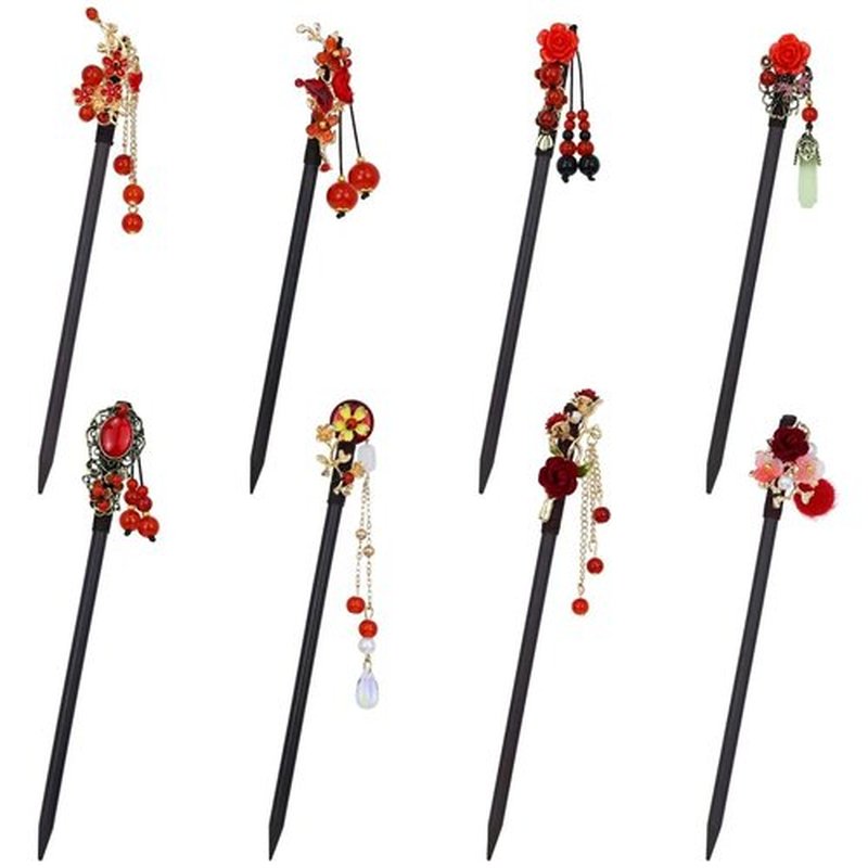 inSowni 8 Pieces Retro Asian Chinese Traditional Hanfu Flower Wooden Hair Sticks Hairpins with Bead Pendants Hair Chopsticks Forks Bun Updo Holders for Women Girls (8pcs Set G)
