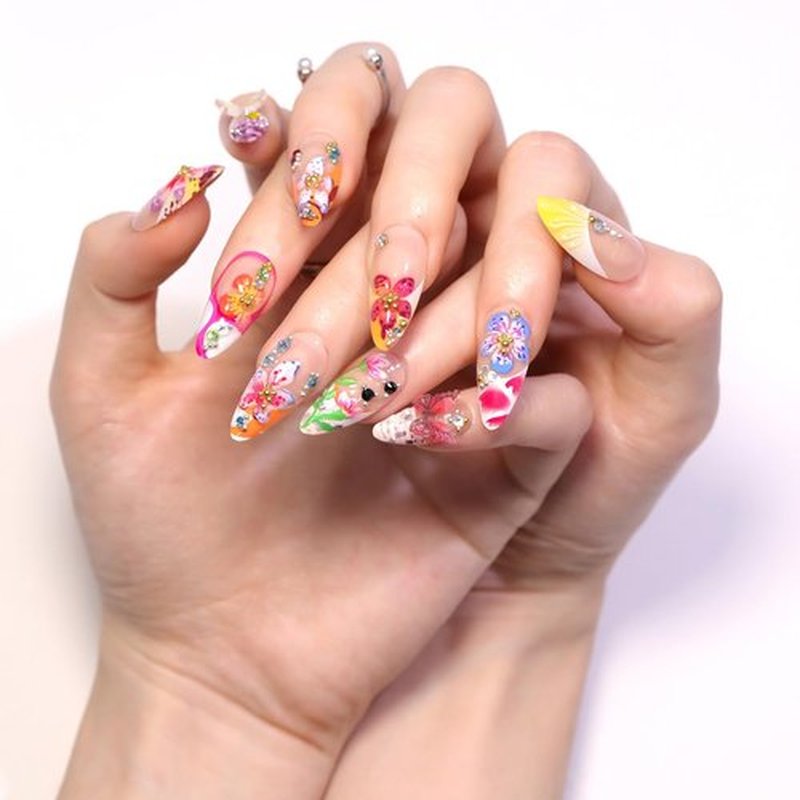 24Pcs Handmade Press on Nails Medium Almond Fake Nails 3D Colorful Spring Floral Butterfly with Gold Charm Beads Rhinestones Glitter Design French Tip False Nails Glue on Nails for Women Acrylic Nail