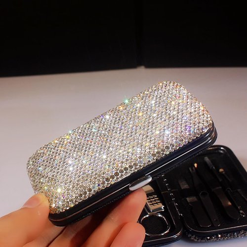 BestBling Bling Rhinestone Manicure Set Nail Clippers Pedicure Kit-8 Pieces,Stainless Steel Manicure Kit Pedicure Set Grooming Kits Nail Care Tools with Travel Case for Women Girls (Silver)