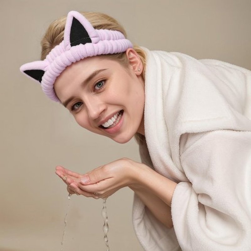 2 Pcs Cat Ears Headband, Cute Spa Headbands for Washing Face Skincare Makeup Headbands for Women Girls Trendy Stuff Present Soft Coral Fleece Hair Accessories(Pink Purple)