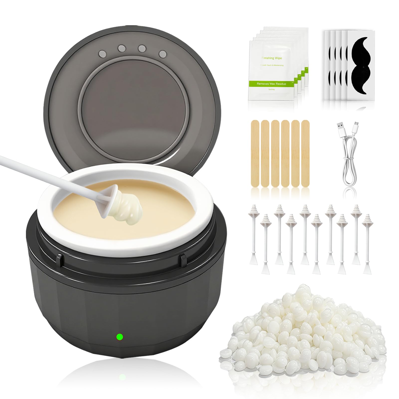 Professional Men's Nose Waxing Set, USB-C Electric Hard Wax Melter with Removable Silicone Pot, 50g Beads & 10 Sticks for Nose, Ear & Eyebrow Facial Hair Removal Wax Grooming Kit (Black)
