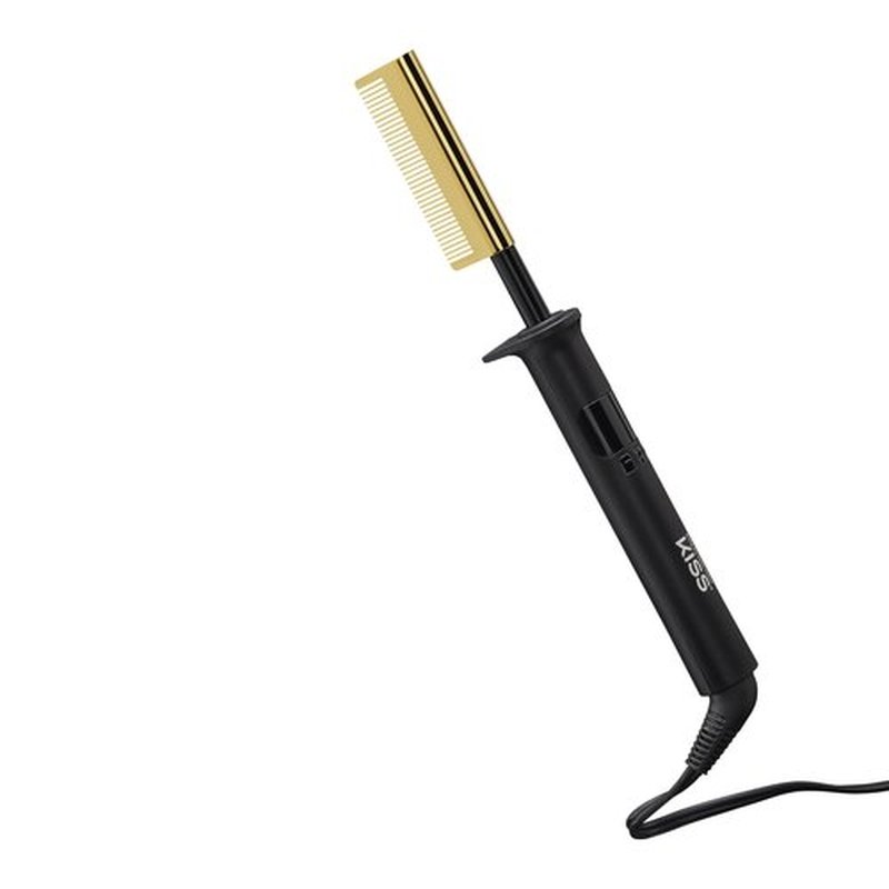 KISS Professional Pressing Comb with Polished Gold Smoothing Comb, Safety Stand, Digital LED Temperature Display, & Tangle Free 360° Swivel Cord