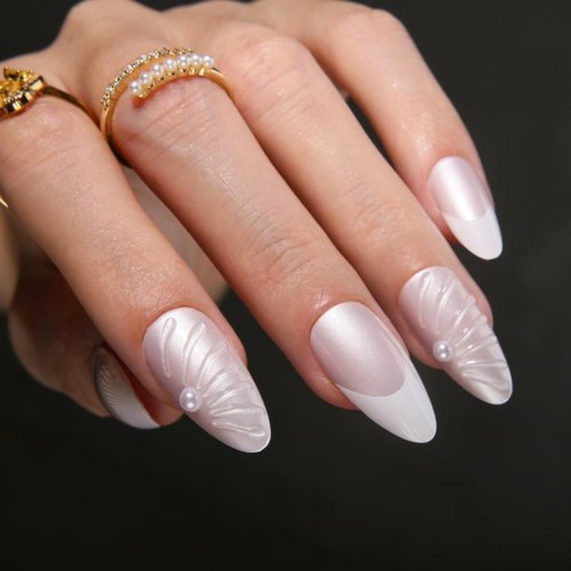 MqpQ Press On Nails Medium - Almond Nails Kit with 3D Sculpting, Chrome Stick On Nails French Tips,Pearl Soft Gel Fake Nails Kit for Women- 24pcs, Pearlescent