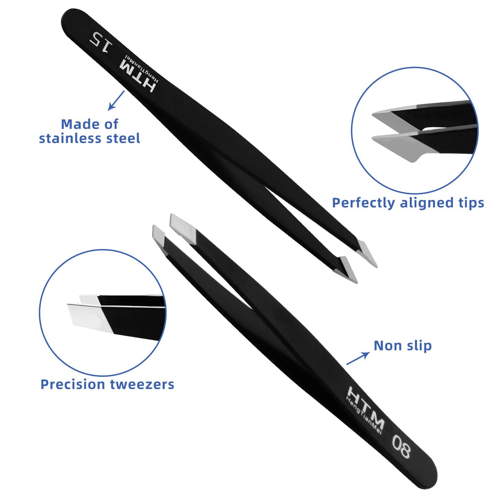 HengTianMei 8Pcs lash tweezers 3 Stainless Straight and 3 Curved Tip Eyelash Tweezers, With 2 Slant Pointed Precision Eyebrows Tweezers for eyelash extensions, Facial Hair, and Ingrown Hair Removal