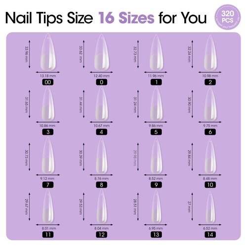 Gellen Long Almond Tipex Nail Tips, 320pcs Instant Apex Nail Tips, 16 Sizes Pre-builder Gel Tips Long Stiletto Almond Strong Full Cover False Nail Tips Gel Extension Tips for Flat Nails