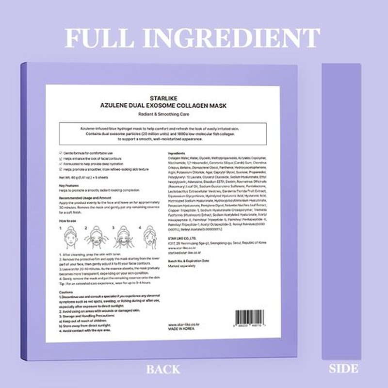 starlike Collagen Hydrogel Face Mask I 5 Sheets (1.41 oz x 5) I Dual Exosome & Azulene I 189Da Ultra-Low Molecular Collagen I Korean Mask Sheet for Deep Hydration, Revitalizing Care & Refreshed Look