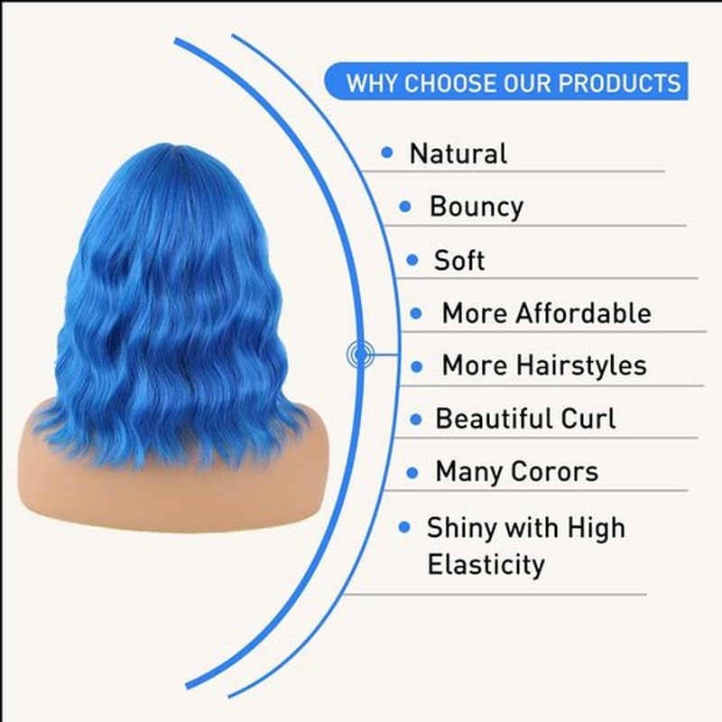 HWHRGL Blue Wigs with Bangs for Women 14inch loose wavy bob Wig With Bangs Curly Wavy Shoulder Length Bob Synthetic Wigs Colorful Wavy Wigs for Cosplay Daily Party Use Halloween Wig (Blue, 14 Inch)
