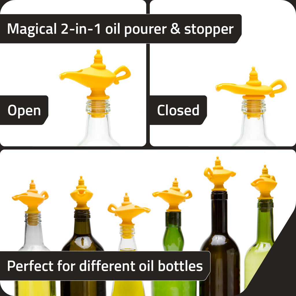 Peleg Design Oiladdin Oil Pourer and Stopper, Silicone Oil Pour Spout for Olive Oil, Aladdin Lamp Design Oil Dispenser Bottle Stopper, 8x9x4.5 cm, Yellow