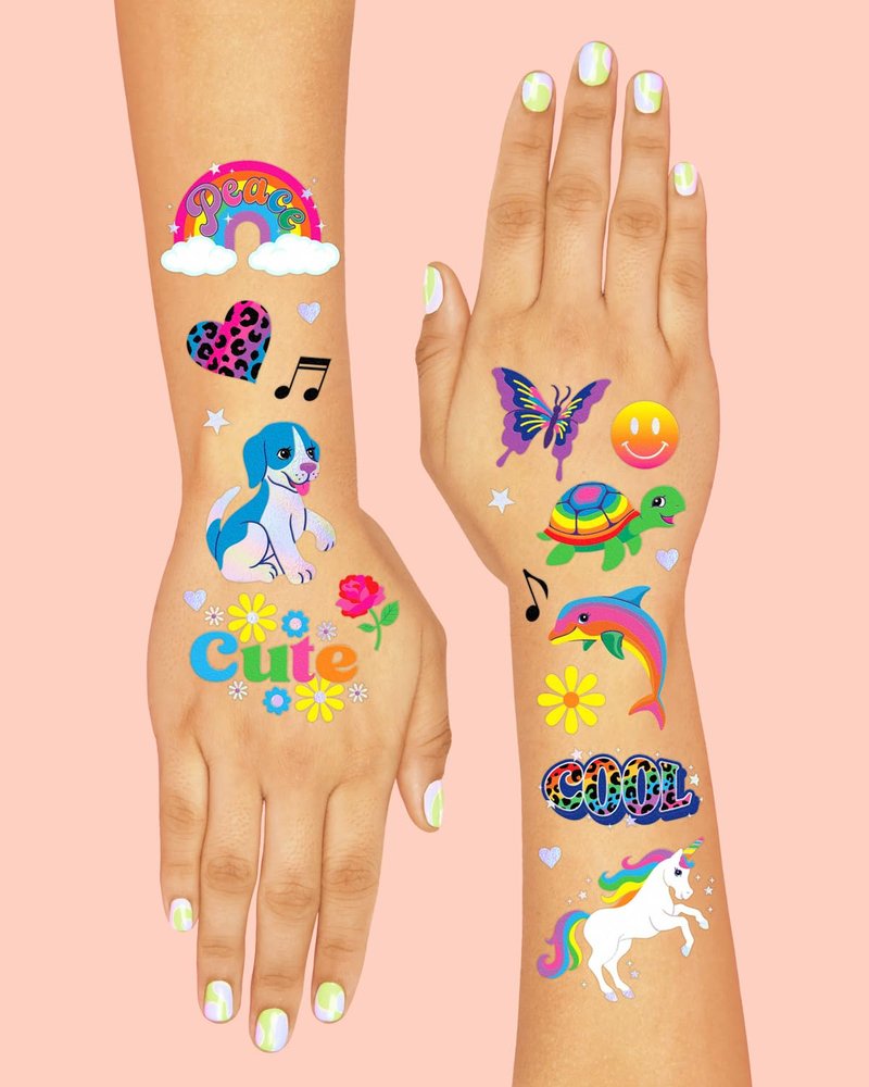 xo, Fetti Cute Neon Rainbow Animal Temporary Tattoos - 68 Iridescent Foil Pcs | Nostalgia Bright Birthday Accessory, Childhood Bachelorette Party Favor, Cute Kids Activity