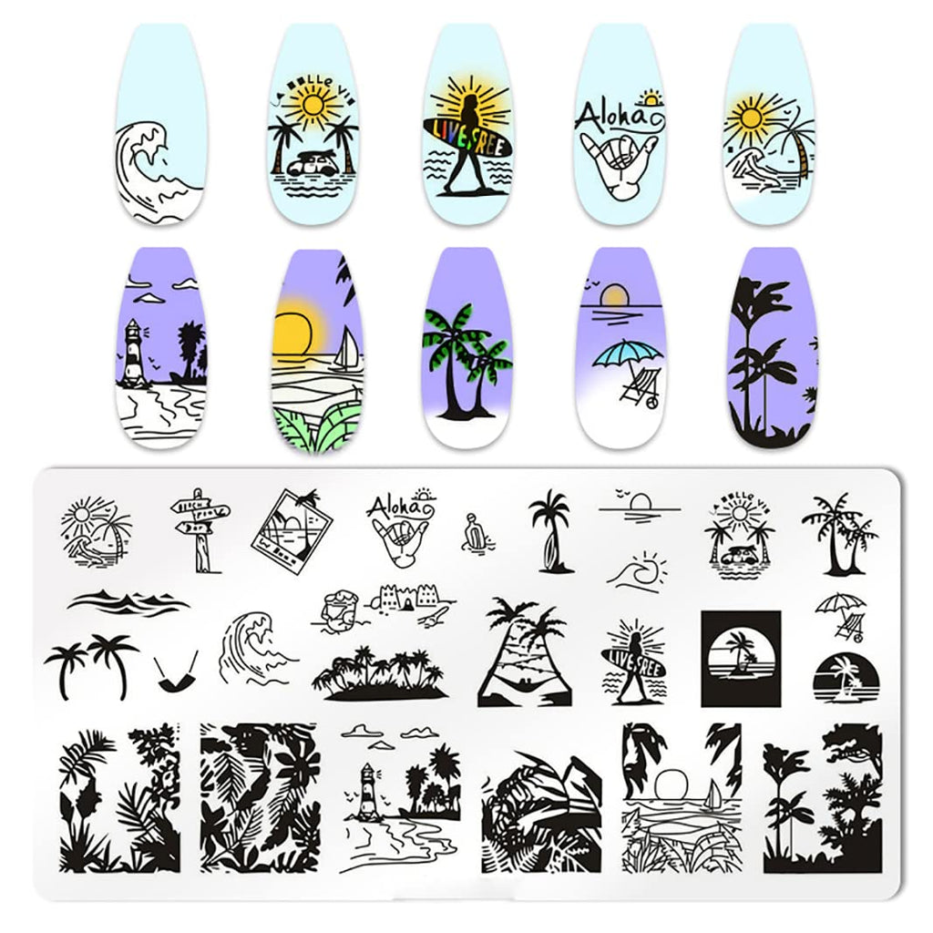 XEAOHESY 6pcs Seaside Scenery Nail Stamping Plate Nail Stamping Kit for Nails Summer Beach Coconut Trees Sunset Waves Sea Animals Image Plates Nail Stamper Kit