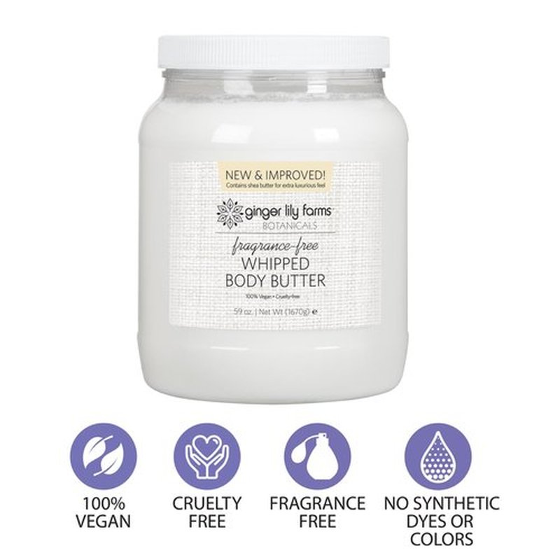 Ginger Lily Farms Botanicals Whipped Body Butter for Dry Skin, Ultra-Hydrating, 100% Vegan & Cruelty-Free, Fragrance-Free, 59 Ounces
