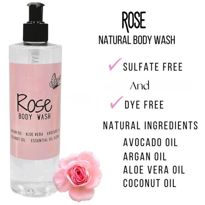 ROSE Natural Body Wash - Hydrating & Gentle Cleanser for Dry/Sensitive Skin | 16oz, Sulfate & Dye Free