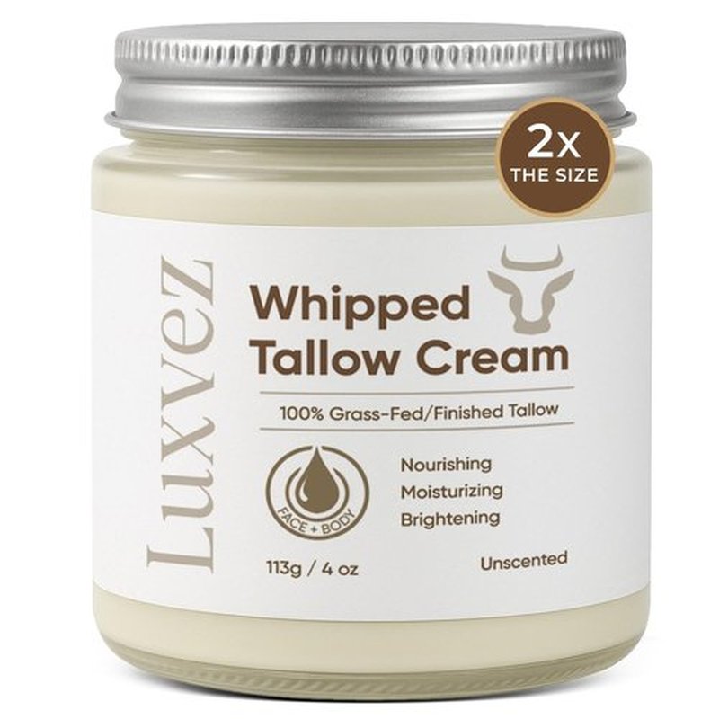 Luxvez Beef Tallow Cream for Skin: Grass-Fed Whipped Tallow Balm with Squalane Jojoba Oil - All Natural Skincare Whipped Moisturizer for Face & Body - for Mature, Dry or Sensitive Skin – 4oz
