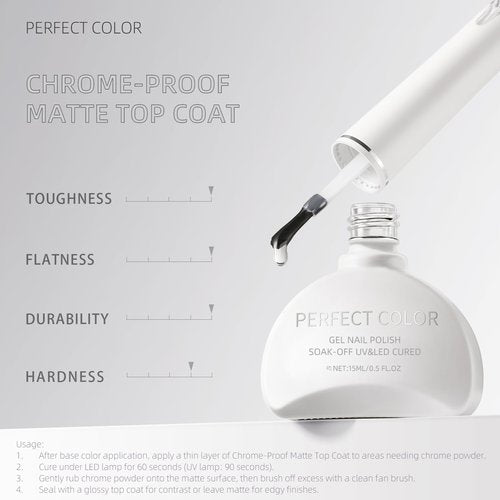 PERFECT COLOR Chrome-Proof Matte Top Coat, UV/LED Cured Gel Nail Polish, Anti-Stick Long-Lasting Formula, 0.5 Fl Oz