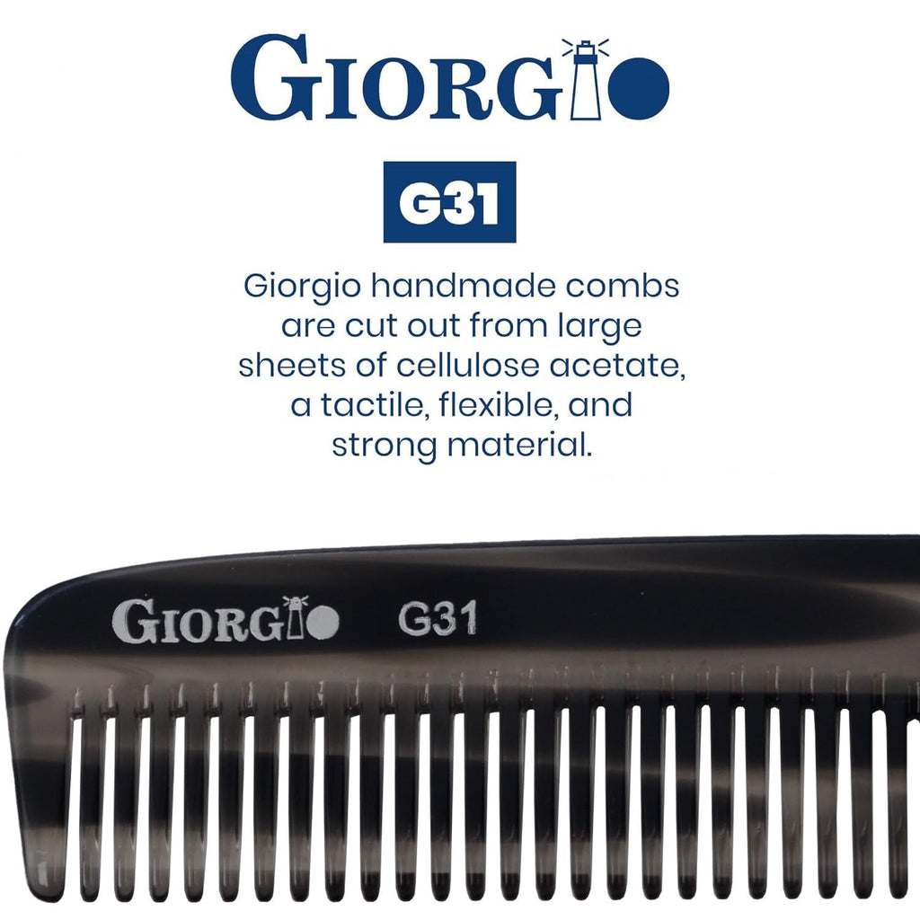 Giorgio G31 Fine Tooth and Wide Tooth, Hair Comb - Hair Styling Comb for Men, and for Women, Mens Beard Care Combs for Detangling and Styling - Handmade Saw-Cut and Hand Polished (Black Graphite)