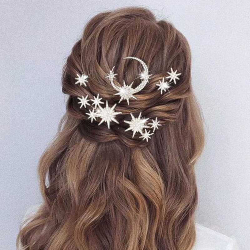 Unicra Star Moon Bride Wedding Hair Pins Crystal Bridal Hair Pieces Rhinestone Goddess Hair Accessories for Women and Girls (Pack of 5) (Silver)