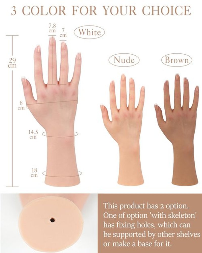 KUMIHO Realistic Silicone Female Hand Model - Fake for Jewelry Display, Tattoo Training, Practice Art Sketch With Nails, Right Hand With Skeleton, Brown
