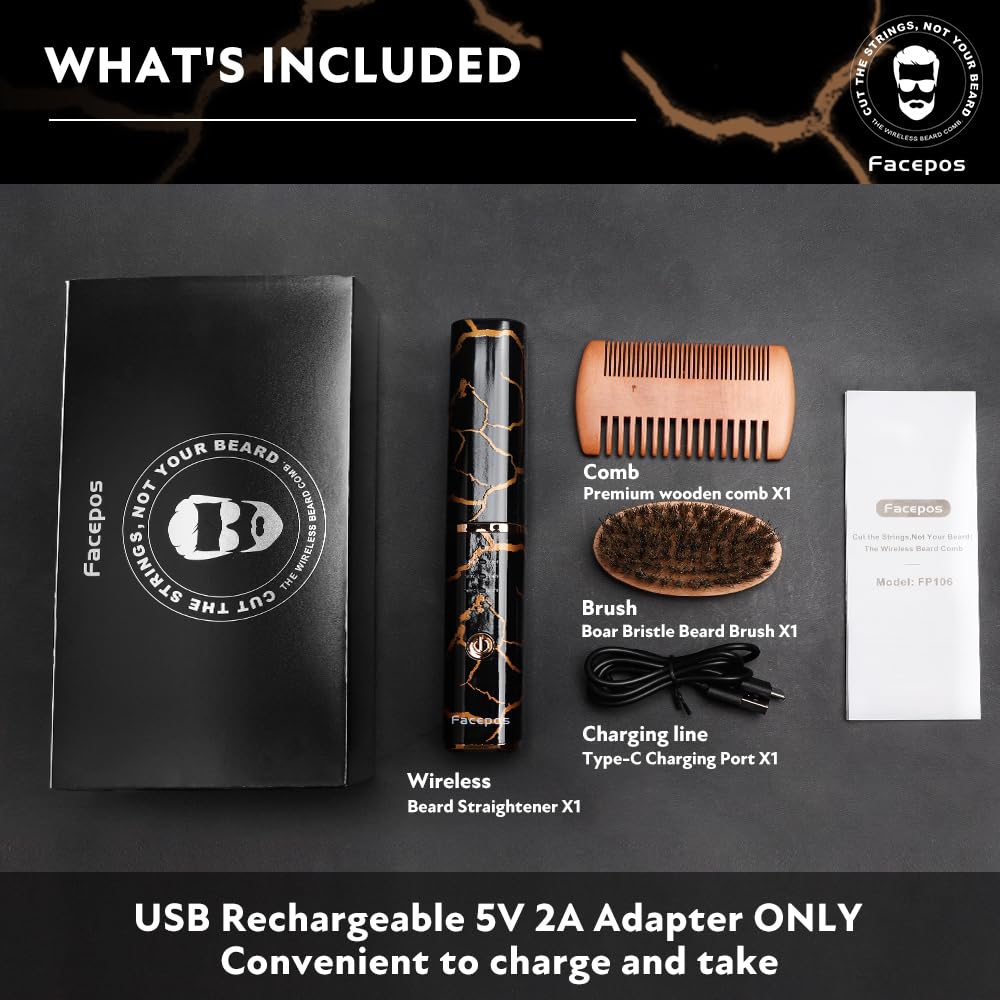 Wireless Electric Heated Beard Straightener Set, Portable Cordless Hair Straightener for Men, Elegant Crackle Pattern Design and Bonus Beard Brush & Wooden Comb for Perfect Grooming