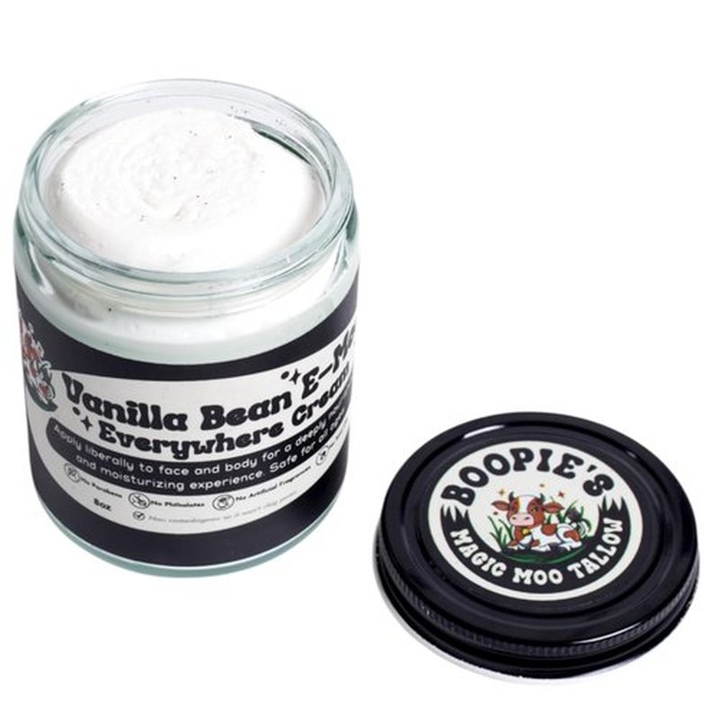 Magic Moo Beef Tallow Vanilla Bean E-Moo Moisturizing Everywhere Suet Tallow Cream with Organic Emu Oil. For Acne, Stretch Marks, Eczema, Hydration, Dry Skin & More! 2oz