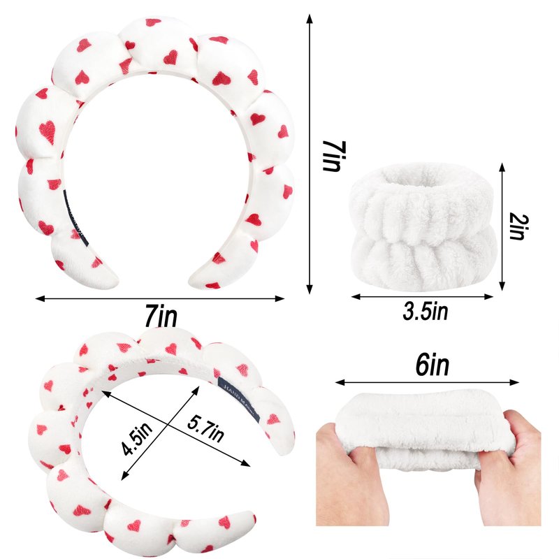 Zkptops Spa Headband for Washing Face Wristband Set Sponge Makeup Skincare Velvet Fabric Bubble Soft Get Ready Hairbands for Women Puffy Headwear Non Slip Thick Thin Hair Accessory (Red Heart)