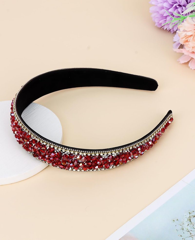 Wecoe Red Rhinestone Wide Headband for Women Girls - Fancy Sparkly Bling Diamond Beaded Jeweled Fashion Hair Accessory - Non-Slip 1 Inch Wide - Gifts