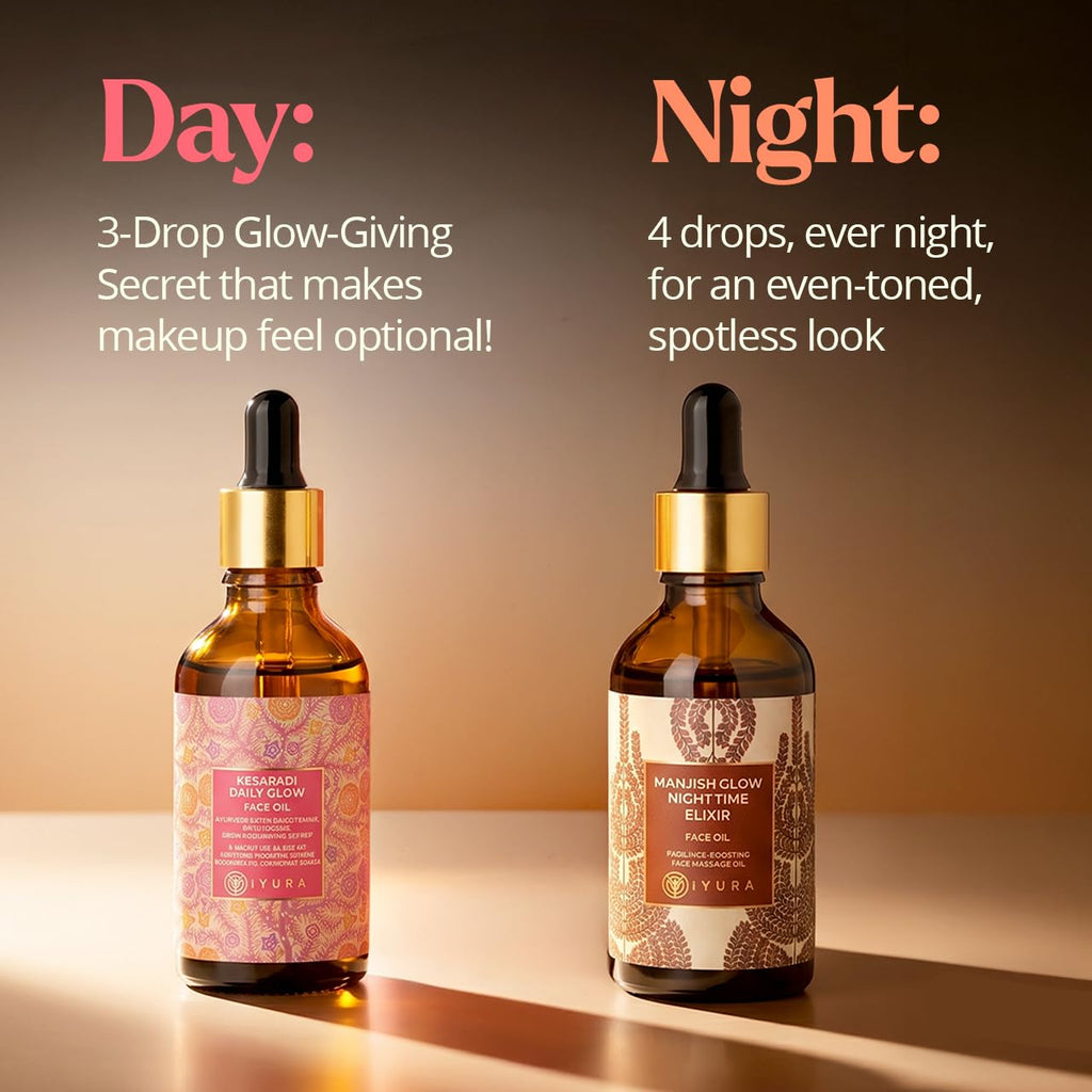 Day & Night Face Oil Duo for Dry, Mature Skin—Moisturizing AM-to-PM Face Care—Saffron + Manjistha—Smoothing, Brightening, Even-Toning, Glow-Boosting Routine—Non-Sticky, Non-Greasy, Fast-Absorbing