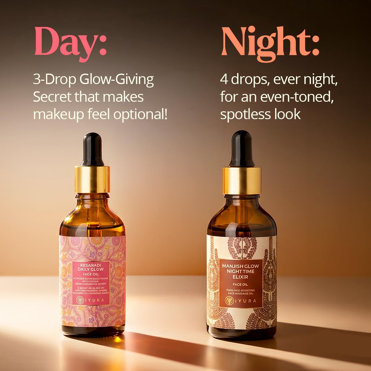 Day & Night Face Oil Duo for Dry, Mature Skin—Moisturizing AM-to-PM Face Care—Saffron + Manjistha—Smoothing, Brightening, Even-Toning, Glow-Boosting Routine—Non-Sticky, Non-Greasy, Fast-Absorbing