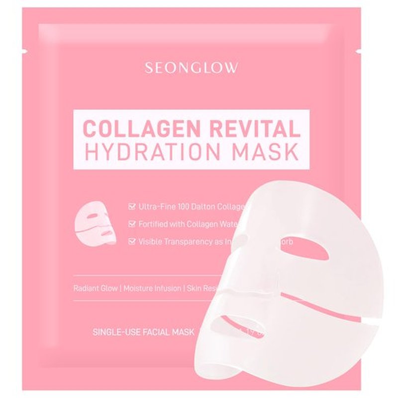 SEONGLOW Collagen Hydration Mask, 100-Dalton Ultra-Low Molecular Collagen & Peptide Complex, Deep Hydration, Elasticity & Pore Care, 34g / 1.19 oz (1 Sheet) x 4ea