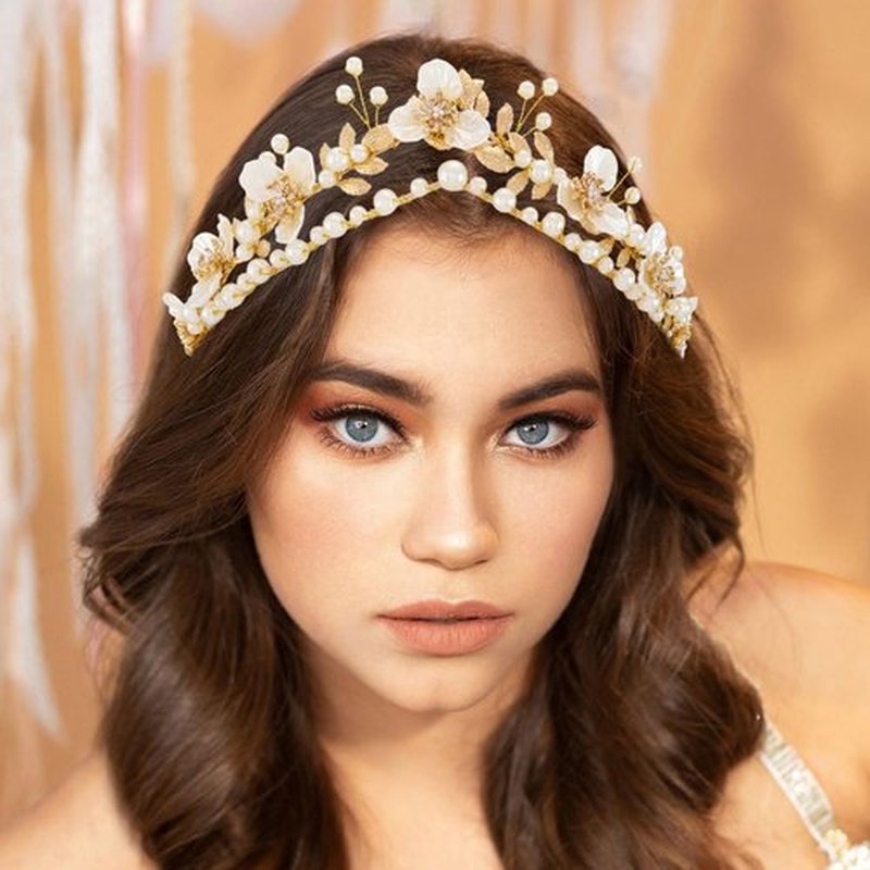 Gortin Flower Crown Bride Wedding Headband Gold Leaf Bridal Princess Headpiece Pearl Tiara Hair Accessories for Women