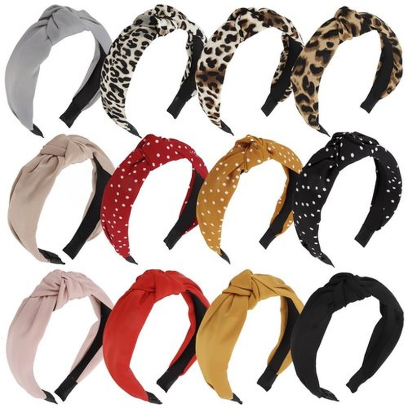 AOPRIE Top Knot Headbands for Women & Girls - Solid Color Turban Wide Headbands, 12 Pack (Red, Black, Yellow, Pink, Gray Dot)