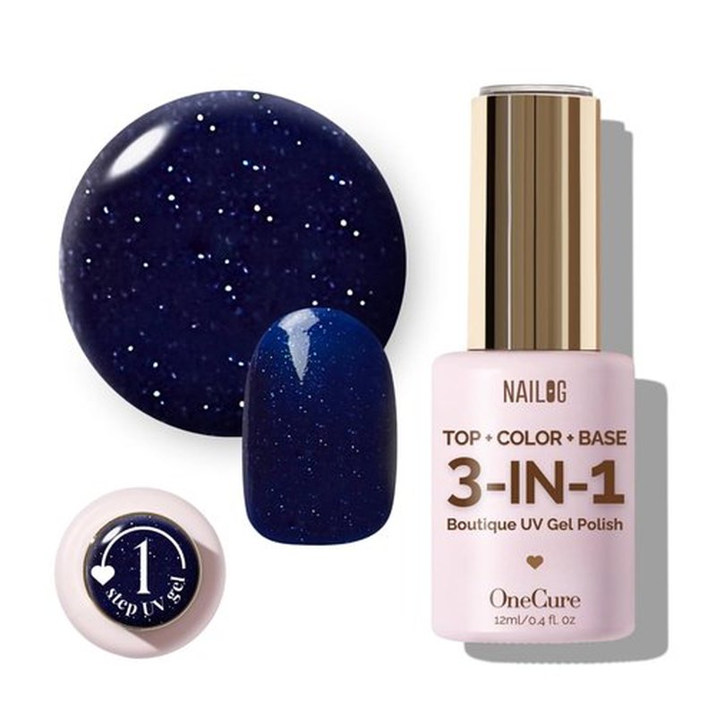 NAILOG Navy Blue Gel Nail Polish 12ml Top Coat Color Gel Base One Step 3-In-1 Formula Soak Off UV Nude Gel Polish for Home DIY & Gifting | Shimmery Blue