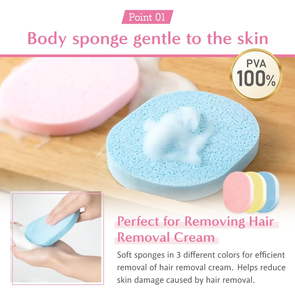 Hair Removal Aid Kit: 3 Body Sponges & Depilatory Cream Spatula - Gentle on Skin, 100% PVA Material, for Men & Women