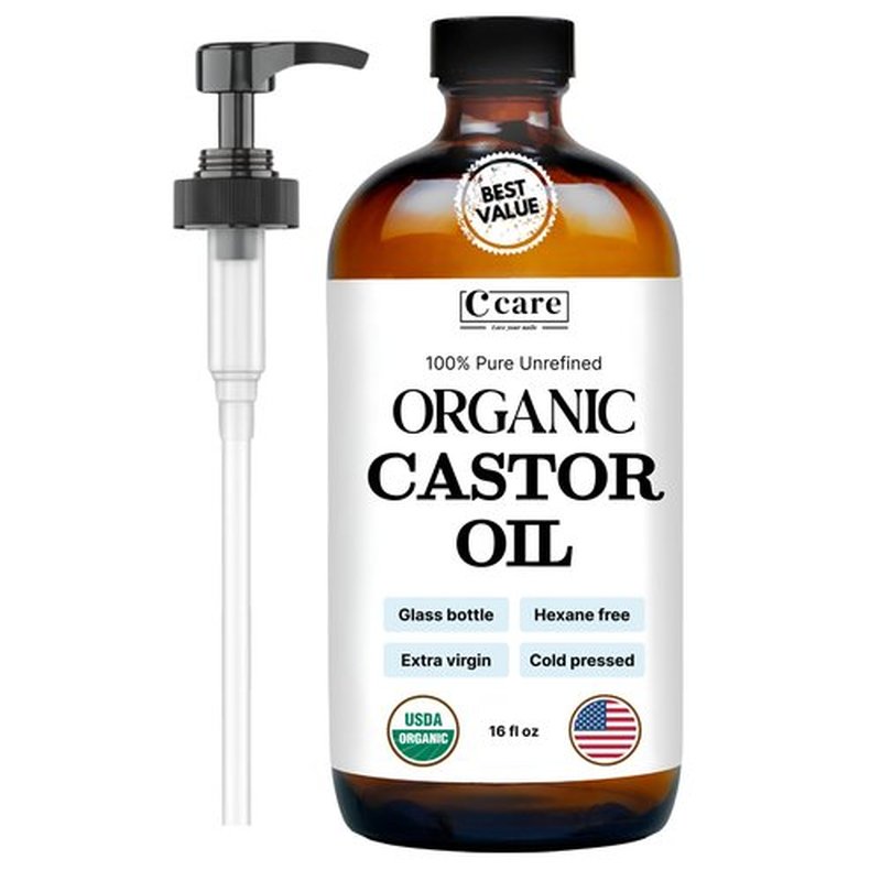 Castor Oil 100% Pure Organic Cold Pressed Unrefined Glass Bottle With Pump | USDA Certified Organic | Hexane Free Extra Virgin | For Hair Growth Eyebrows Eyelashes Skin and Castor Oil Pack Wrap | 16oz