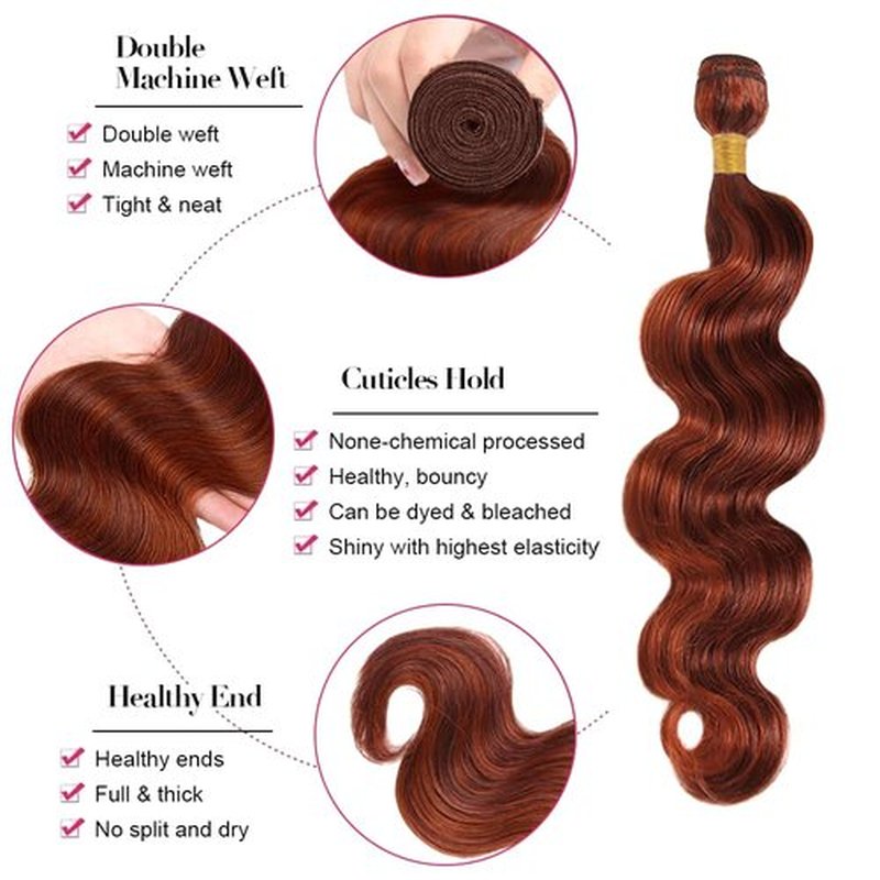 P33/350 Bundle Copper Brown Body Wave Human Hair Bundles Color 350 Ginger Body Wave 3 Bundles 20 20 20 Inch Two Tone Color 33 Auburn Mixe With Ginger Bundle