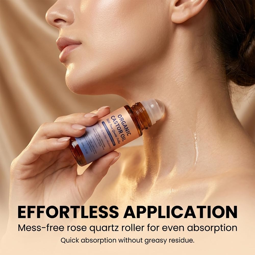 ROVIA 1 PCS Organic Castor Oil Roll On: 100% Cold Pressed Moisturizing Oil with Rose Quartz Roller - for Brows, Lashes, Dry Skin & Face, Travel Friendly Leakproof Roller Bottle (1)