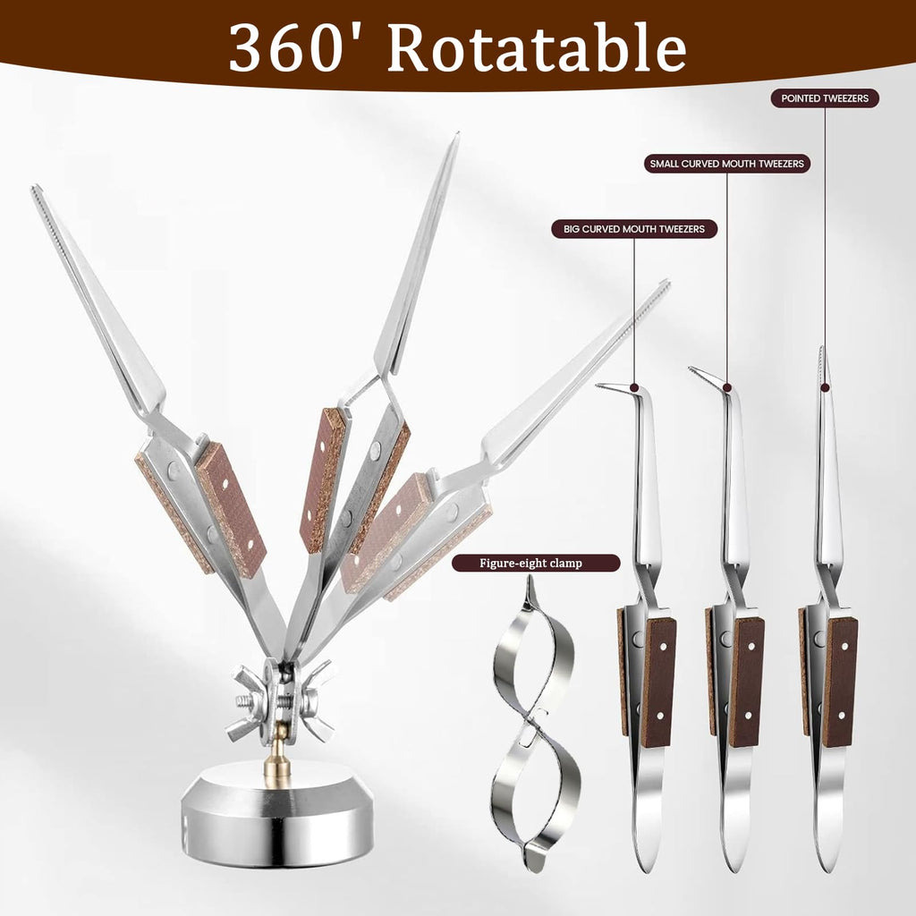 csjzzt Third Hand Tweezers,6 Pcs Soldering Tweezers, 3 Cross Lock Solder Tweezers + 2 with Base+Figure 8 Gourd Clamp, with Base 360° Rotation,Jewelry Making Repair Kit
