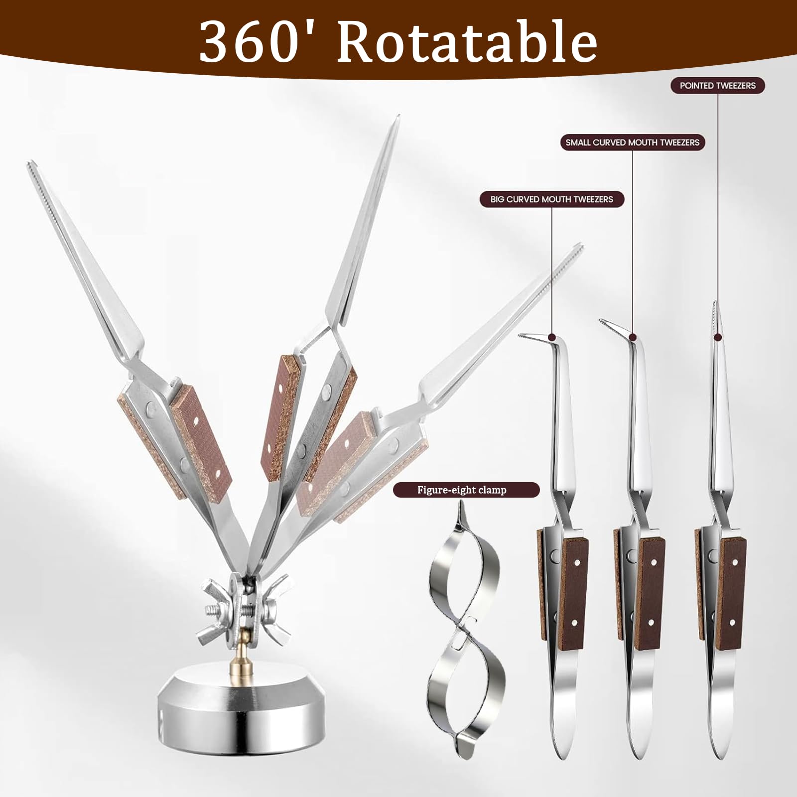 csjzzt Third Hand Tweezers,6 Pcs Soldering Tweezers, 3 Cross Lock Solder Tweezers + 2 with Base+Figure 8 Gourd Clamp, with Base 360° Rotation,Jewelry Making Repair Kit