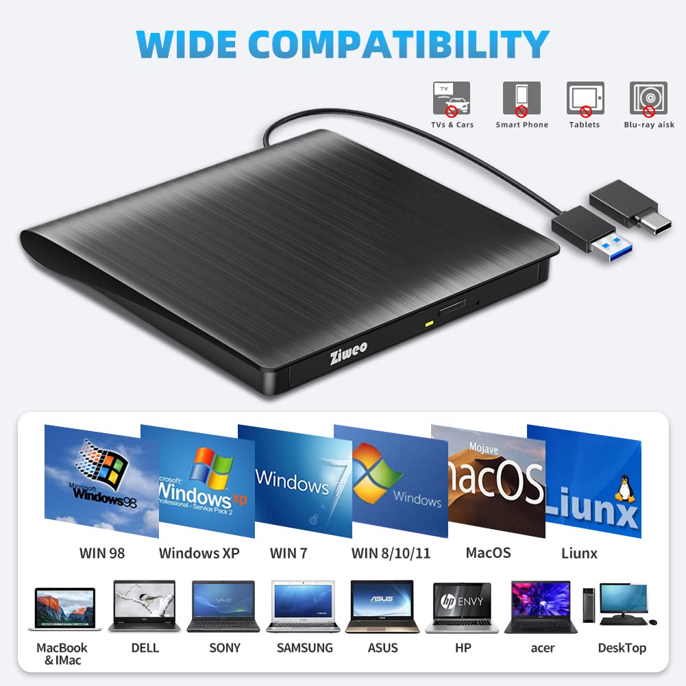 External USB 3.0 Type-C CD DVD +/-RW Drive - Portable CD ROM Reader & DVD Burner with Protective Carrying Case for Laptop/Desktop PC/Mac/Windows/Linux
