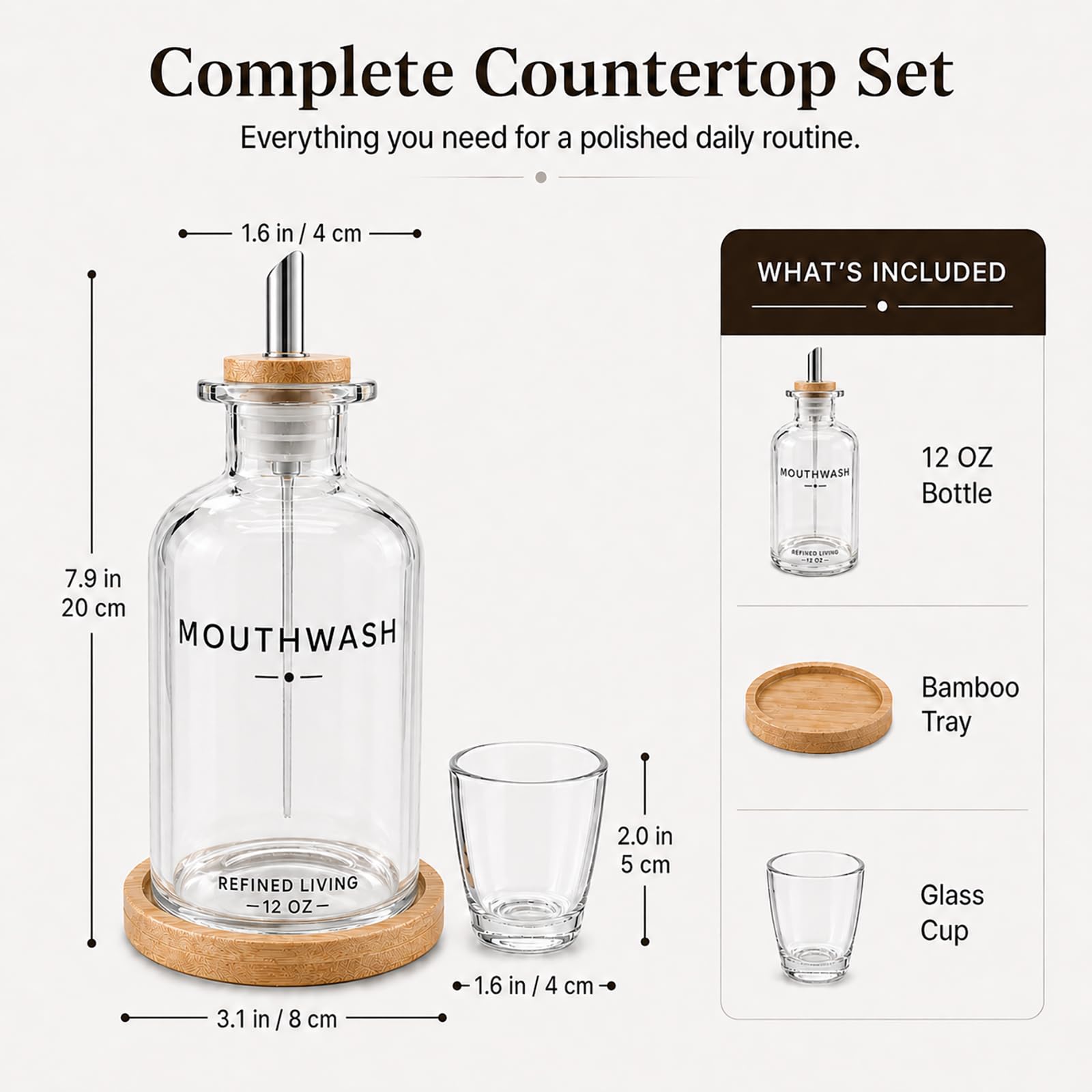 Mouthwash Dispenser for Bathroom, 12 OZ Refillable Glass Mouthwash Bottle with Cup and Bamboo Tray, Decorative Mouth Wash Dispenser Set for Bathroom