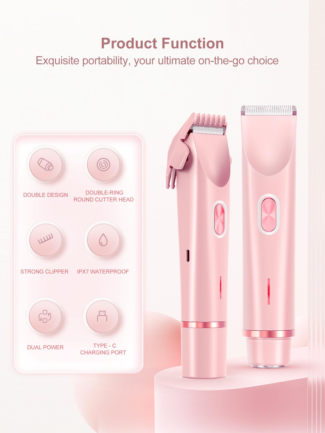 Joigivit 2 in 1 Bikini Trimmer for Women Dual Head Shaver Electric Razors Lady Pubic Hair, Ipx7 Waterproof Bikini Underarm Arm Leg Face Body Pink