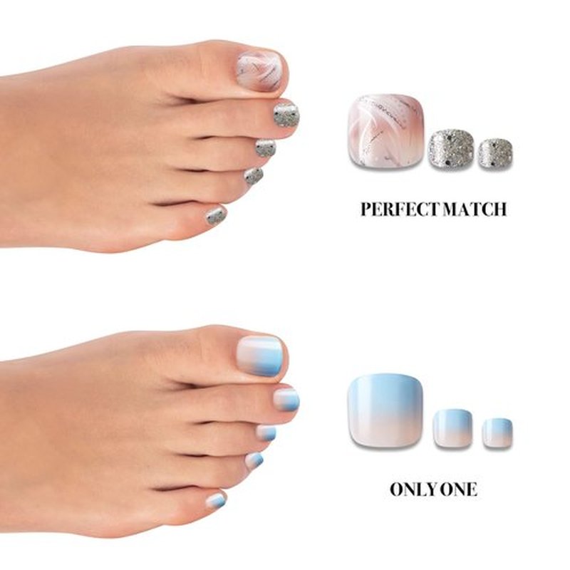 GoldFinger Press On Toenails Regular Fit White Glitter French Design, Squoval Shape, Long Lasting Nail Glue Included, Glue On Toe Nails (Perfect Match) for Beach, Vacation, Special Occasion