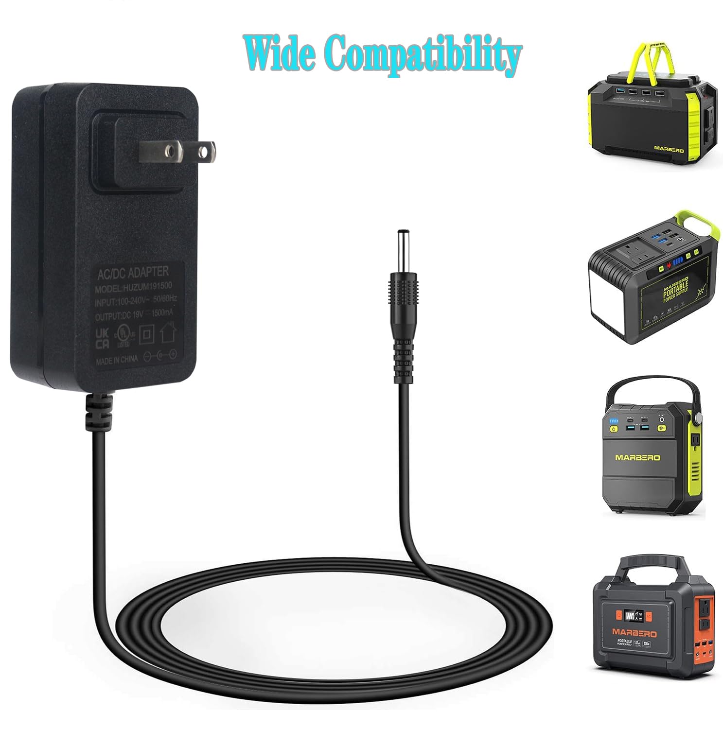 19V Portable Power Supply Charger for Marbero M82 M82MAX M822 M822MAX M87 M88 M168 Portable Power Station Solar Generator Battery 19V 1.5A Wall Adapter Charger