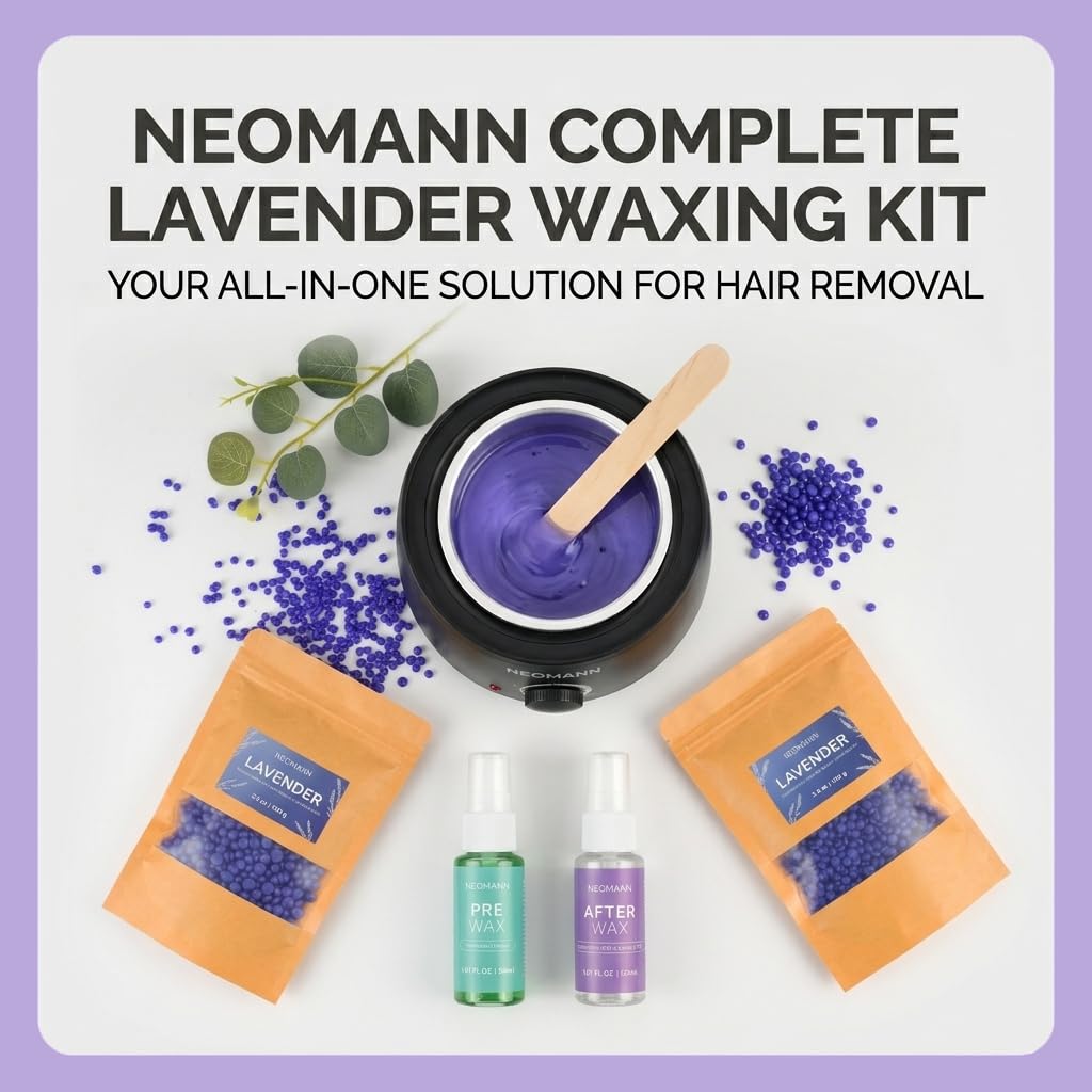 NEOMANN Brazilian and Bikini Waxing Kit for Women Hard Wax Warmer, Lavender Beads, Pre & Post Wax Spray, At Home Hair Removal Kit for Face, Legs,Body, and Underarms, Beginner Friendly