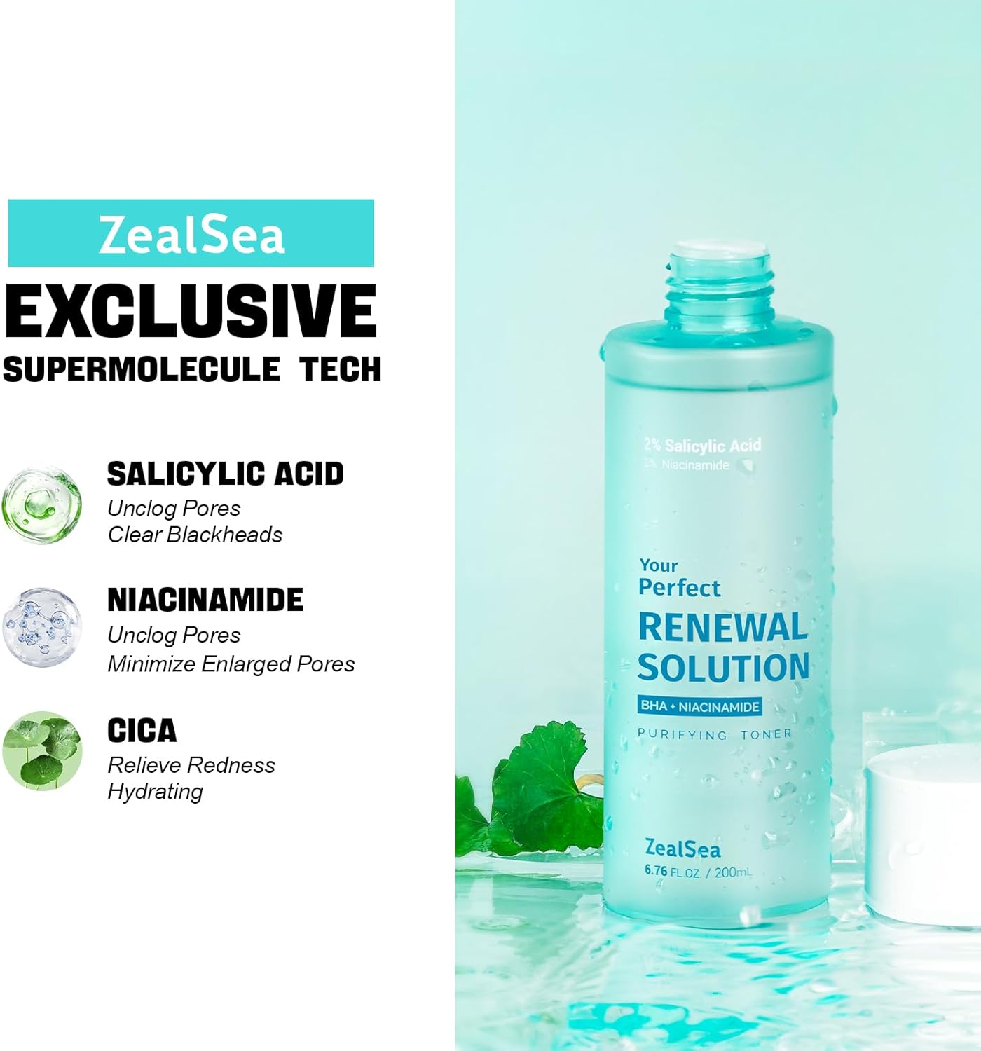 ZealSea Salicylic Acid Toner - Blackhead Remover & Pore Minimizer | Gentle Alcohol-Free BHA, 6.76 oz