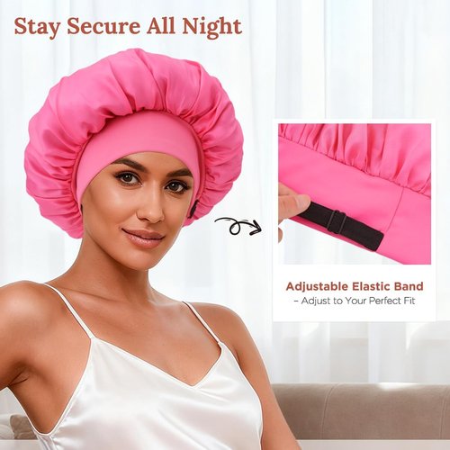 2Pcs Bonnet for Sleeping Women, Satin Adjustable Silk Hair Bonnet for Sleeping, Wide Band Sleep Caps for Curly Hair, Black & Rose Red