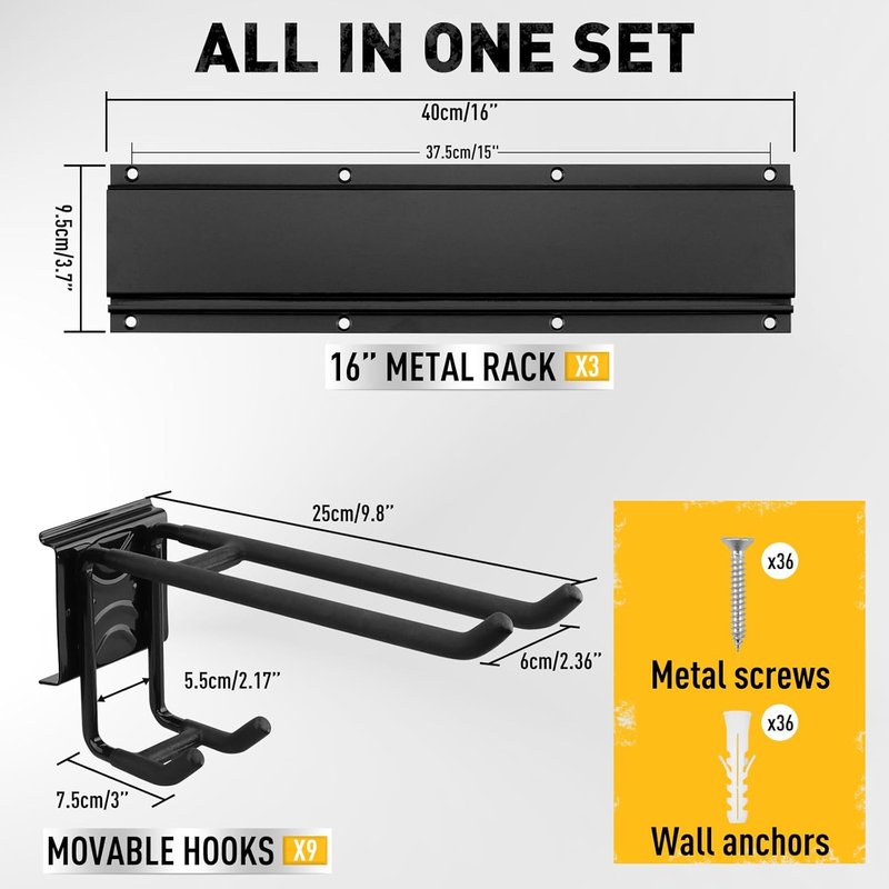 ELEAD Garage Tool Organizer - 9-Pairs Heavy Duty Wall Mount Hooks | Adjustable 48-Inch Design for Yard Tools